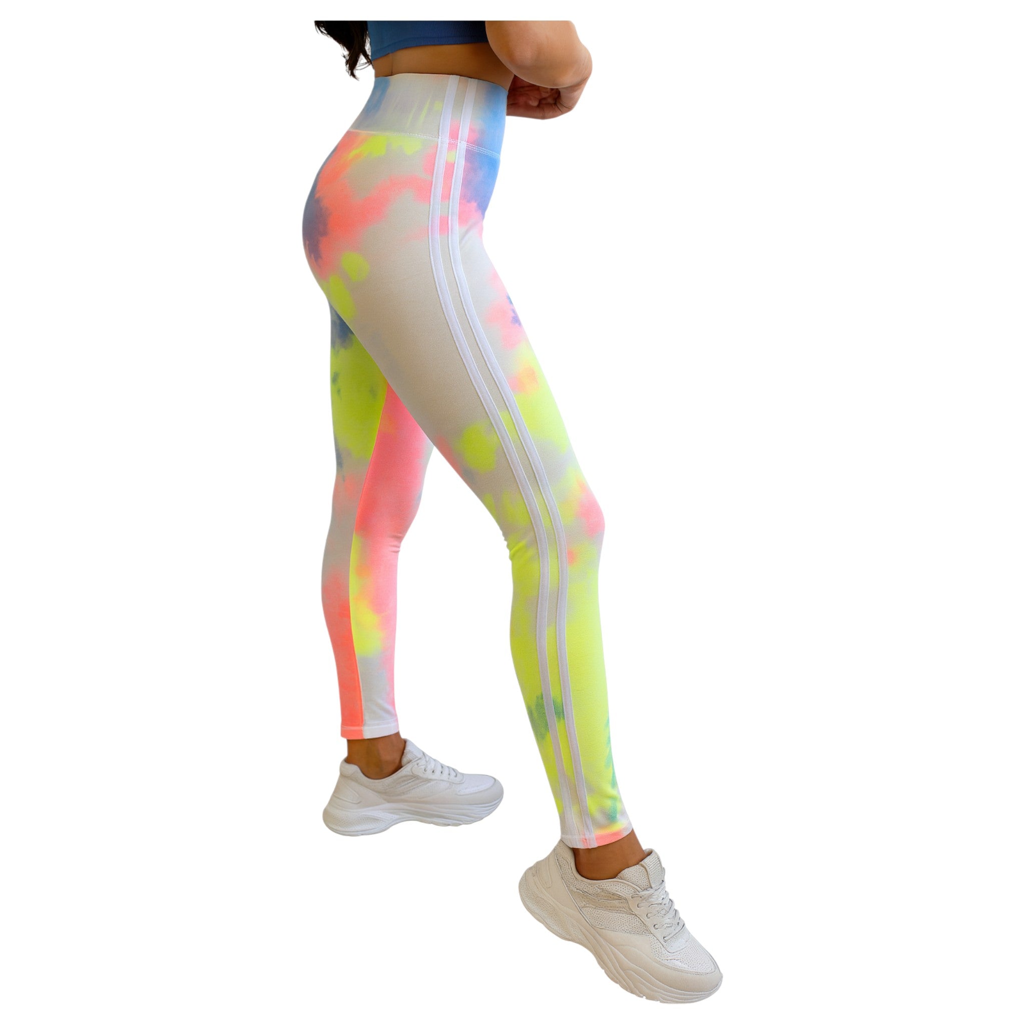 Women’s high-waisted tie dye leggings in neon multicolor print – stylish gym wear and casual athleisure